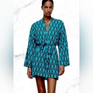 NWT Zara 100% Cotton "The Reese Dress" in Blue Geo Print - Size M